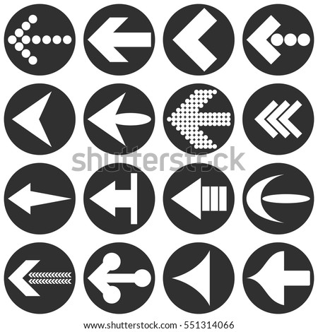 White arrow heads icon set isolated on gray and white background. The flat design 16 arrows point the left direction - Eps10 vector graphics and illustration