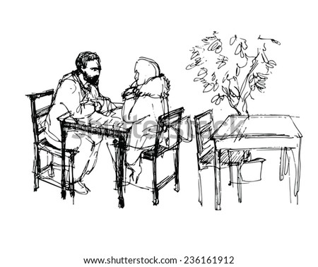 Black And White Vector Sketch Of A Man With A Beard And A Girl Sitting ...