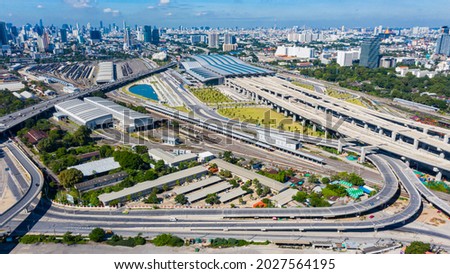 Bangkok skyline with new Bang Sue Grand Station in Bangkok, Thailand. Aerial view of Passenger and freight trains. Expressway top view Stock foto © 