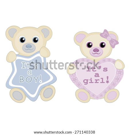 Cute baby bears vector illustration with star and heart symbols Cartoon baby animals vector Its a boy newborn announcement Its a girl baby shower card