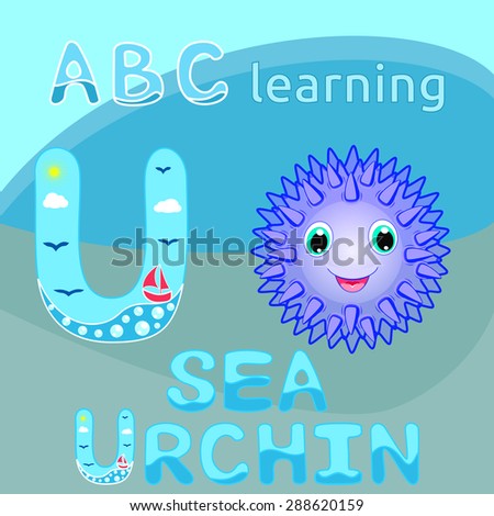 ABC animal letter U is for Urchin Cute sea urchin vector Smiling spiky animal cartoon character Ocean animal, funny sea life creature for kids illustration, t shirt stamp, animal, wildlife design