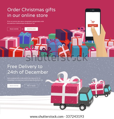 Hand holding mobile phone and ordering Christmas gifts & Free Delivery service for online store. Modern vector illustration banners for website. 