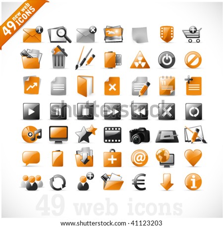 49 glossy web icons and design elements in orange and gray - set 2