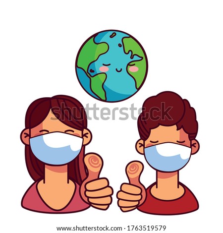 couple with masks care of the wordl vector illustration desing