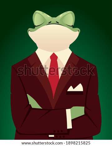 people art animal, portrait frog in suit and red necktie vector illustration