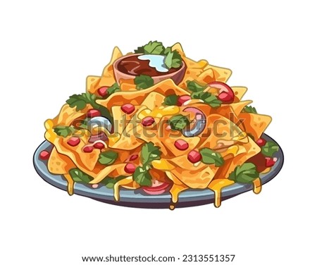 Gourmet nachos plate with fresh vegetables and cilantro icon