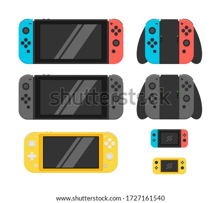 Switch handheld console. Collection of modern video game console. Set of portable gaming gadgets. Entertainment media for gamer. Electronic device for playing games. Vector Illustration. Flat Design. 