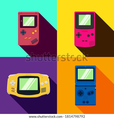 Collection of gameboy flat vector graphic design illustration. Retro gamer gadget concept. Set of colorful gaming device. Group of handheld videogame. Entertainment media in childhood.