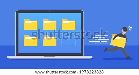 Hacker steals a data folder from screen of computer laptop. Creative concept of cybercrime. System security hacking. Trendy cute cartoon vector illustration. Technology flat style graphic design.
