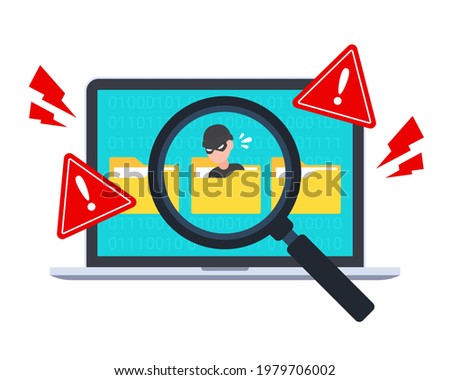 Hacker detected in folder by system scan. Emergency warning of cybercrime alert, data hacking, malware, virus, or trojan. Creative security concept of antivirus. Flat style vector illustration.