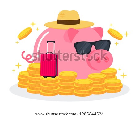 Pink piggy bank wears sunglasses and hat with travel bag and piles of golden coins or money. The creative concept of savings plan for traveling. Trendy cute cartoon vector flat style illustration.