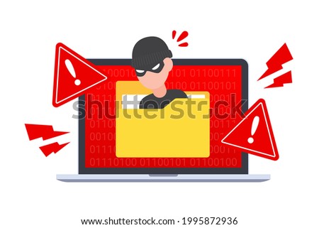 Hacker hides in document folder on laptop. Emergency warning of cybercrime alert, data hacking, malware, virus, or trojan. Creative technology security concept of antivirus. Flat vector illustration.