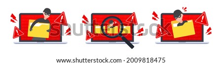 Collection of computer hacking icon. Emergency alert of threat by malware, trojan, or hacker. Data breach or identity theft. Creative antivirus or cybercrime concept. Flat style vector illustration.