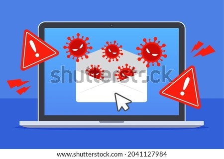 Computer viruses spread out from the email. System security warning on laptop. Emergency alert of threat by malware, virus, trojan, or hacker. Creative antivirus concept. Trendy vector flat style.