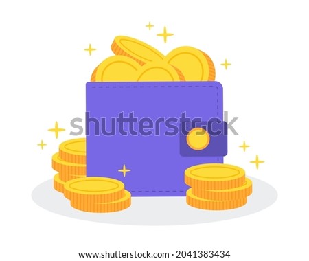 Colorful money wallet or purse full of golden coins. Creative financial concept of wealth, rich or savings.  Simple trendy cute cartoon object vector illustration. Flat Style graphic design icon.