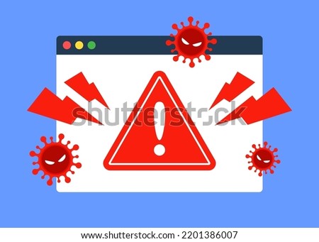 Web browser window with virus detection. Internet threat warning. Concept of malware, ransomware, hacking, or cybercrime. Dangerous website. Antivirus icon. Flat vector graphic element illustration.