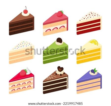 Collection of cake slices. Chocolate, strawberry, red velvet, vanilla, matcha or green tea, lemon, and blueberry cake. Isometric sweets icon. Cute cartoon vector illustration. Cafe sweet dessert menu.