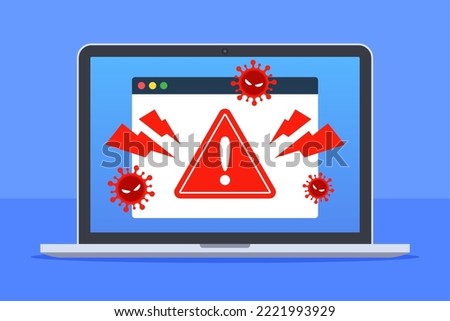 Web browser window with virus detection alert on laptop screen. Internet threat warning. Concept of malware, ransomware, hacking, or cybercrime. Dangerous website. Flat technology vector illustration.