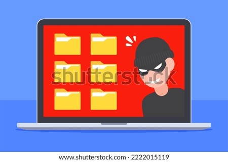 Hacker with document folders icon inside laptop screen. Concept of computer security, cybercrime, data breach, information hacking, or ransomware. Flat cartoon vector. Technology threat illustration.