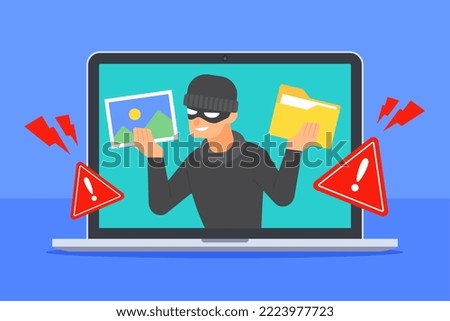 Hacker inside laptop holding image file and document folder icon. Concept of computer security, data breach, cybercrime, ransomware, or malware. Cartoon flat vector.  Technology threat illustration.