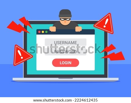 Fake login window browser with hacker on laptop screen. Technology threat concept of data phishing, password hacking, scam website, fraud, or cybercrime. Flat cartoon vector icon illustration.