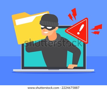 Hacker inside laptop holds document folder icon. Concept of computer security vulnerability, data breach, cybercrime, ransomware, or file hacking. Cartoon flat vector. Technology threat illustration.