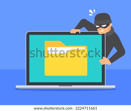 Hacker stealing document folder icon inside laptop screen. Concept of data breach, file hacking, computer security vulnerability, or cybercrime. Flat cartoon vector. Technology threat illustration.