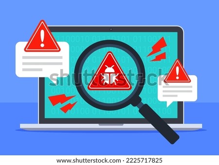 Malware detected on laptop. System security warning alert. Cybercrime, vulnerability, hack, or antivirus concept. Computer virus, ransomware, or bug. Flat cartoon icon vector. Technology illustration.