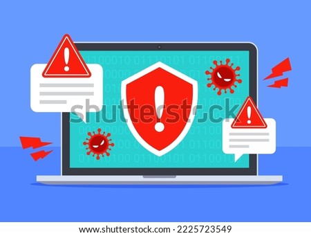 Computer virus attack on laptop. System security threat warning alert. Cybercrime, vulnerability, or antivirus concept. Malware or ransomware. Flat cartoon icon vector design. Technology illustration.