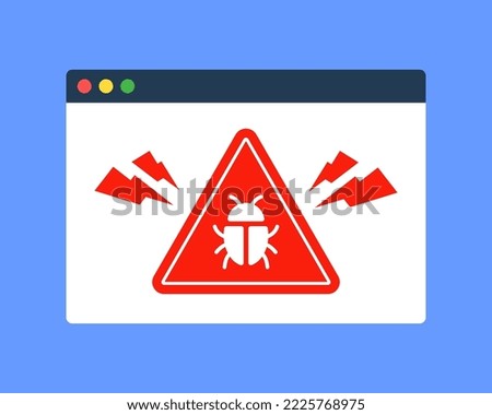 Web browser window with malware warning icon. Symbol of dangerous website or dark web. Virus detection. Internet threat, cybercrime, or antivirus concept. Flat cartoon vector technology illustration.