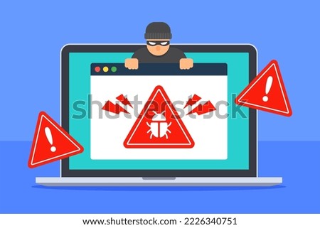 Web browser window with malware or computer virus warning sign on laptop. System security alert of cybercrime. Internet threat or antivirus concept.  Flat cartoon vector icon. Technology illustration.