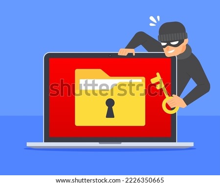 Hacker with key or padlock try to access locked document folder icon on laptop. Data breach, cybercrime, digital file hacking, or cyber security threat concept. Flat cartoon vector icon illustration.