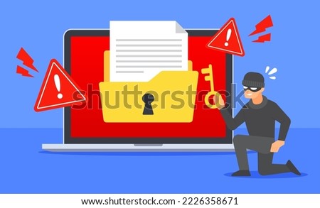 Hacker use key to unlock locked document folder on laptop. System warning alert to cyber threat or cybercrime concept. Data breach or file hacking. Flat cartoon vector icon. Technology illustration.