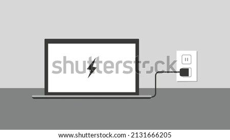 Laptop Computer charging with charger, plug Isolated vector Illustration