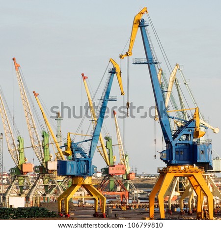 Industrial equipment of the sea port - wharf cranes. Cargo seaport with harbor cranes.