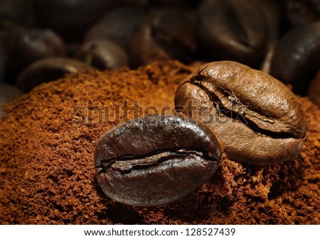 Closeup of two coffee beans at roasted coffee heap. Coffee bean on macro ground coffee background. Arabic roasting coffee - ingredient of hot beverage.