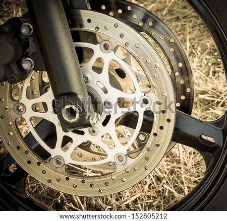 Wheel of motorcycle.  Motorbike tire on the wheel with disk abs.
