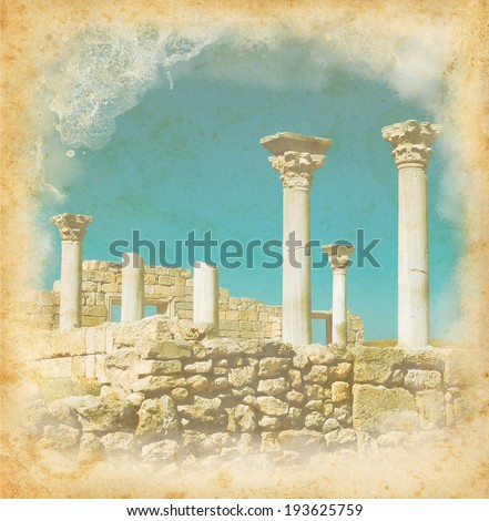 Ancient architecture with ruins of columns. Antique building on paper texture. Vintage image with classic marble columns. Archaeological landmark of European culture.