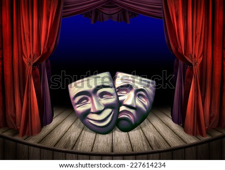 Theater stage with open red curtains. Art concept of theatrical classic design. Old theatrical scene - theater performance with masks.