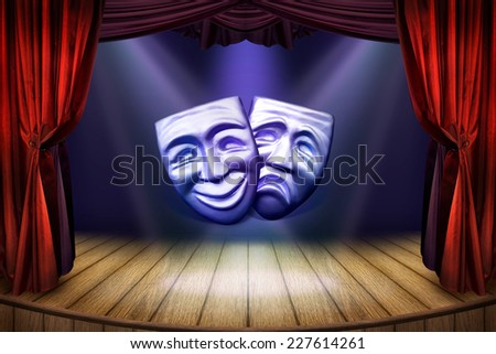 Theater stage with curtains and spotlights. Theatrical scene for art concept with a carnival masks and searchlights. Theater poster with a masks for art performance.