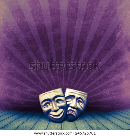 Theater concept with two masks for art design of theatrical retro poster. Vintage background with old theater stage on grange texture.