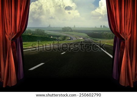Concept presentation for eco tourism or green tourism - rest in the village. The dream of traveling by car on country road. Highway - panoramic of rural landscape in the theater.