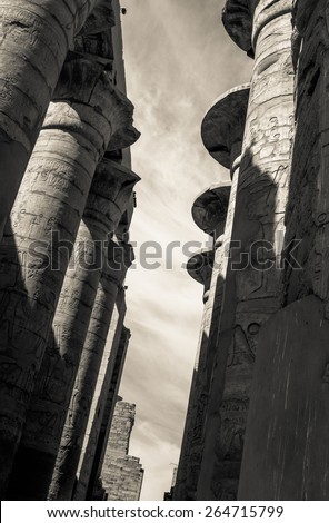 Vintage photo of Egypt, monochromatic colors in retro style. Egyptian columns in Karnak Temple, ancient ruins in Thebes. Travel in Luxor - architecture and landmarks of ancient Egypt.