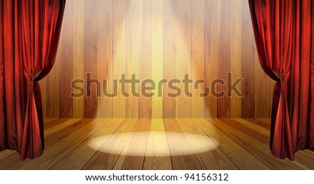 Theater stage with red curtains and spotlights on the stage wooden floor. Red stage curtain open on premiere.