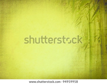 Old textured paper background with green bamboo. Asian design for zen culture tradition.