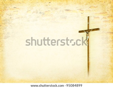 Crucifixion - Jesus Christ on the cross. Christian god at the old paper background in ancient  religions style. Biblical books page with Crucifix.