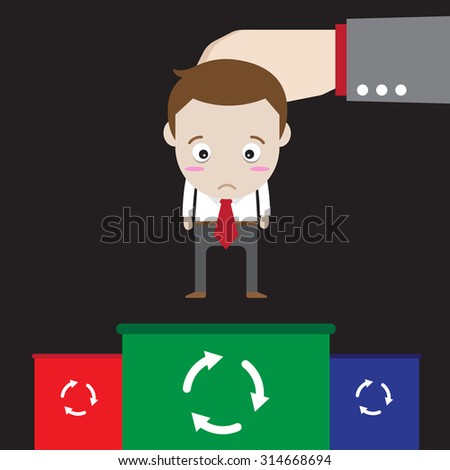 Businessman character design. Putting fail businessman into recycle bin. (Set of business people about economy and finance)