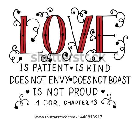 Hand lettering Love is patient, kind, made with hearts. Biblical background. Christian poster. Card. Scripture print. Wedding. Valentine s day Corinthians Foto stock © 