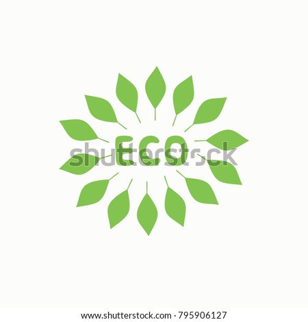Logo with inscription eco and green leaves. Label Trading symbol
