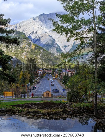 BANFF, ALBERTA, CANADA - SEPTEMBER 26: the view of Banff Avenue from Cascade Gardens with rainbow over Cascade mount. Banff National Park is the most popular tourist destination in Canada.